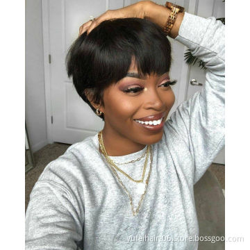 Non Lace Machine Made Short Pixie Straight Human Hair Wig Color 1B For Africian American 100% Pixie Short Wigs For Black Women